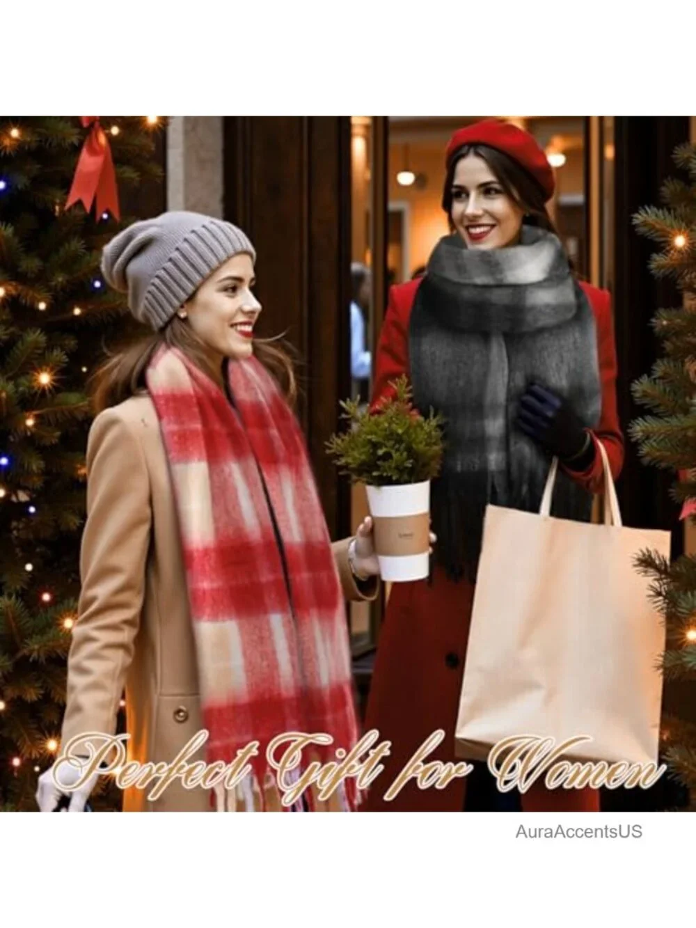 Women's Plaid Knit Winter Scarf Oversized Shawl Wrap Tassel